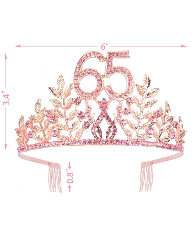 65th Birthday Sash and Tiara for Women - Fabulous Glitter Sash + Leafs Rhinestone Pink Premium Metal Tiara for Her, 65th Birthday Gifts for 65 Party