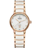 Rado Women's Swiss Automatic Centrix Diamond (1/20 ct. t.w.) White High-Tech Ceramic & Rose Gold Pvd Stainless Steel Bracelet Watch 31mm