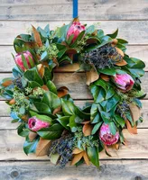 GreenishBlu Fresh Real Magnolia and Pink Ice Protea Flower Spring Wreath