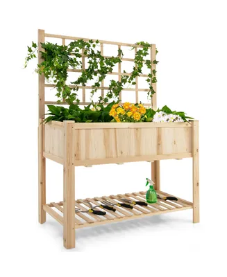 Costway Raised Garden Bed Elevated Wooden Planter Box with Trellis & Open Storage Shelf