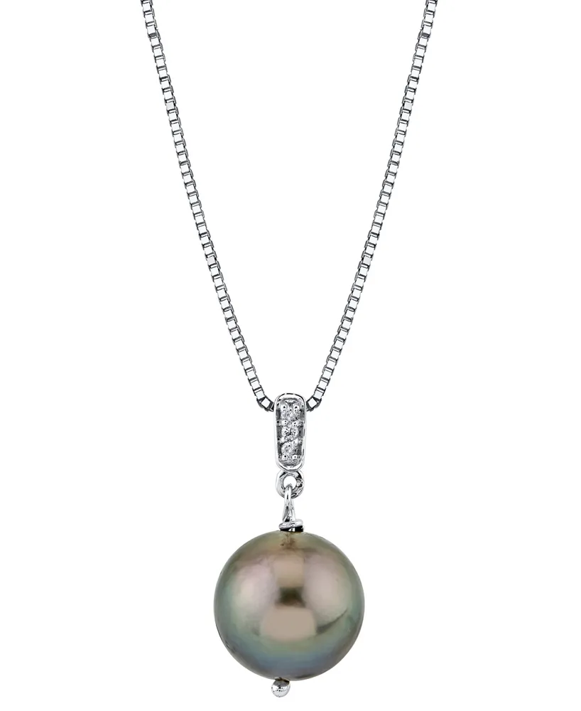 Black Cultured Tahitian Pearl (10mm) & Diamond Accent 18" Pendant Necklace in Sterling Silver