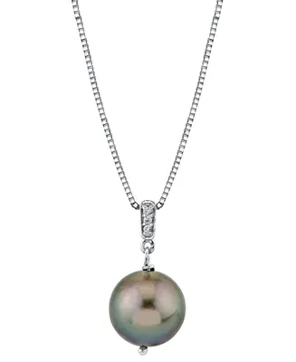 Black Cultured Tahitian Pearl (10mm) & Diamond Accent 18" Pendant Necklace in Sterling Silver