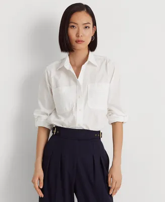 Lauren Ralph Lauren Women's Petite Roll-Tab Sleeve Soft Cotton Button Shirt