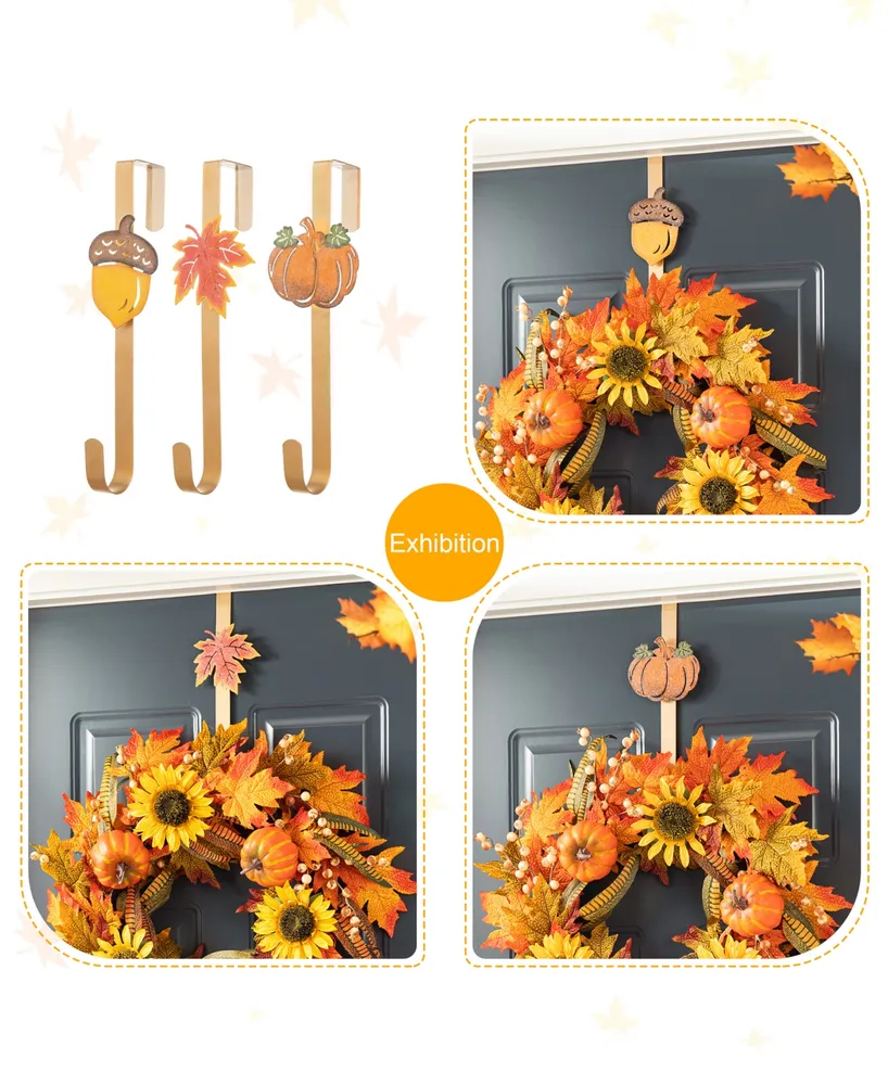 Glitzhome 14" H Fall Metal Glitter Acorn Leaf Pumpkin Wreath Hanger, Set of 3