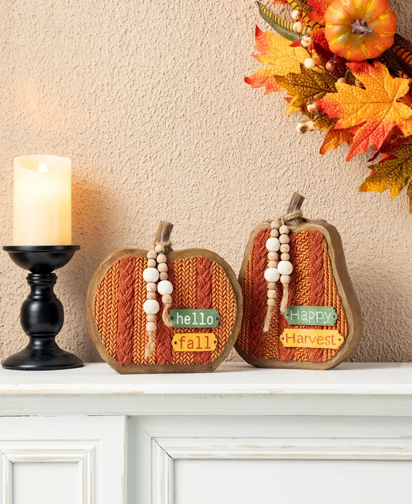 Glitzhome 8.5" H Fall Faux Knitted Resin Pumpkin, Set of 2