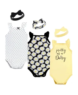 Hudson Baby Girls Sleeveless Bodysuit and Headband Set, Black Daisy, 6-Piece