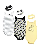 Hudson Baby Girls Sleeveless Bodysuit and Headband Set, Black Daisy, 6-Piece