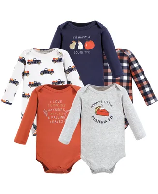 Hudson Baby Baby Boys Cotton Long-Sleeve Bodysuits, Pumpkin Pie, 5-Pack