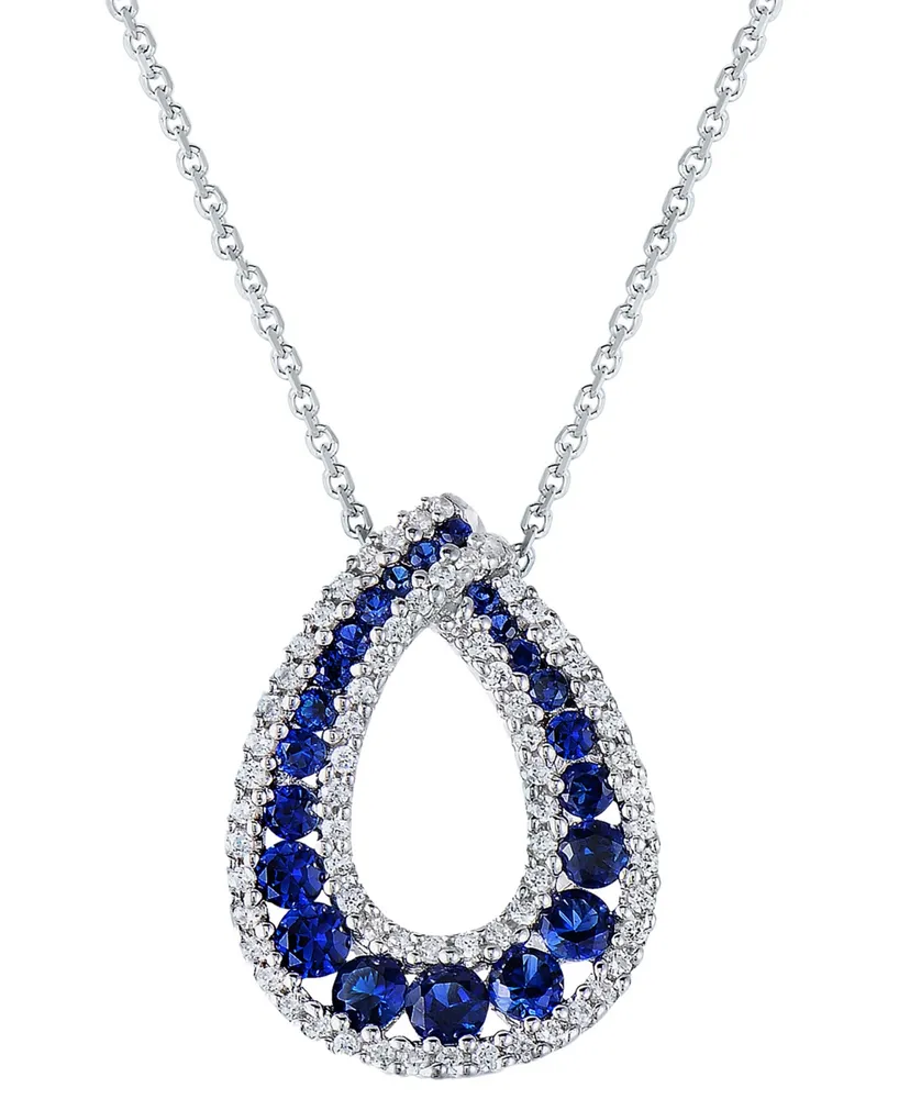 Lab-Grown Sapphire (1-1/2 ct. t.w.) & Cubic Zirconia Teardrop 18" Pendant Necklace in Sterling Silver