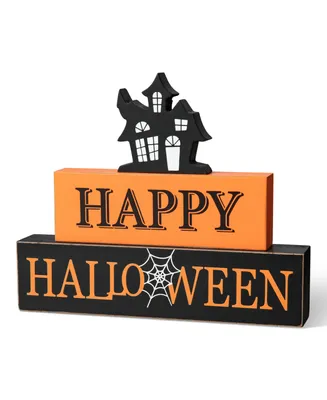 Glitzhome 9.5" L Happy Halloween Wooden Haunted House Block Sign