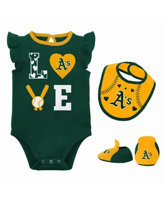 Newborn and Infant Boys Girls Green, Gold Oakland Athletics Three-Piece Love of Baseball Bib Bodysuit Booties Set