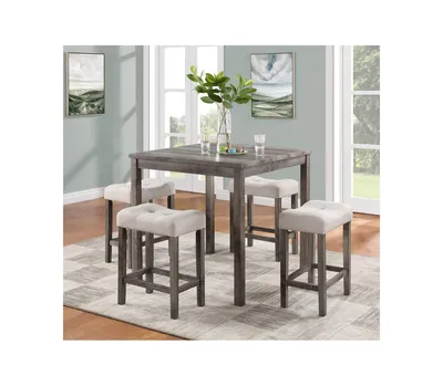 Lucian Brown 5 Piece Counter Height 36" Pub Table Set with Tufted Creamy White Linen Stools