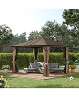 Outsunny 10' x12' Hardtop Gazebo with Aluminum Frame, Permanent Metal Roof Gazebo Canopy with 2 Hooks, Curtains and Netting for Garden, Patio