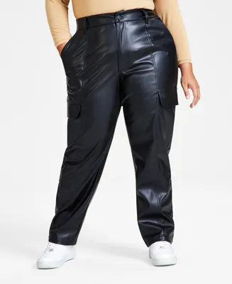 Bar Iii Plus Size High-Rise Faux-Leather Cargo Pants, Created for Macy's