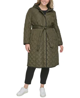 Dkny Women's Plus Hooded Belted Quilted Coat