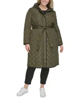 Dkny Women's Plus Hooded Belted Quilted Coat