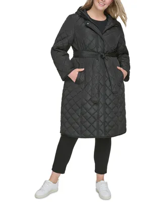 Dkny Women's Plus Hooded Belted Quilted Coat