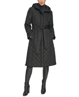 Dkny Women's Petite Hooded Belted Quilted Coat