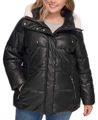 Dkny Women's Plus Faux-Leather Faux-Shearling Hooded Anorak Puffer Coat