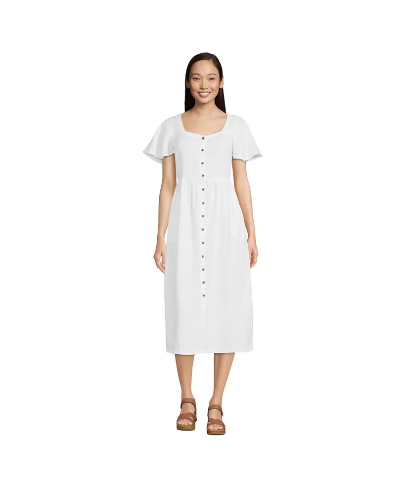 Lands' End Women's Linen Sweetheart Button Front Midi Dress