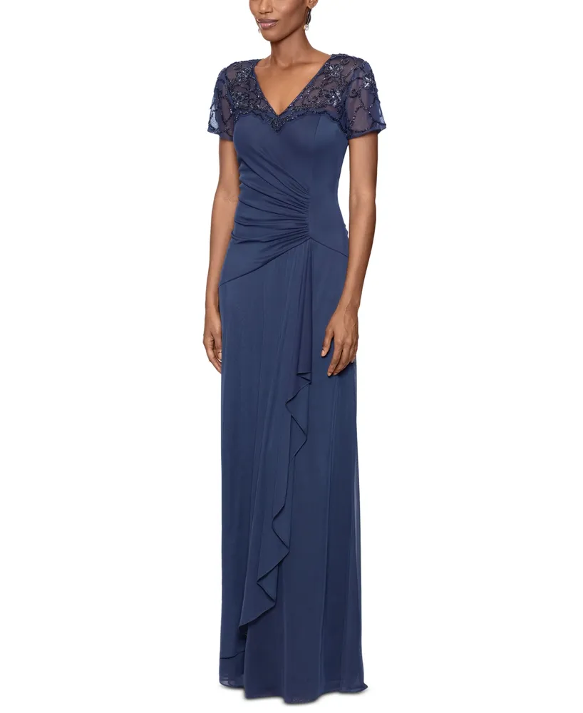 Xscape Women's Sequined Mesh-Sleeve Gown