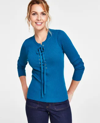 I.n.c. International Concepts Women's Lace-Up Ribbed Sweater, Created for Macy's
