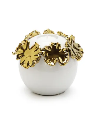White Ceramic Candle Holder Gold-Tone Flower Design