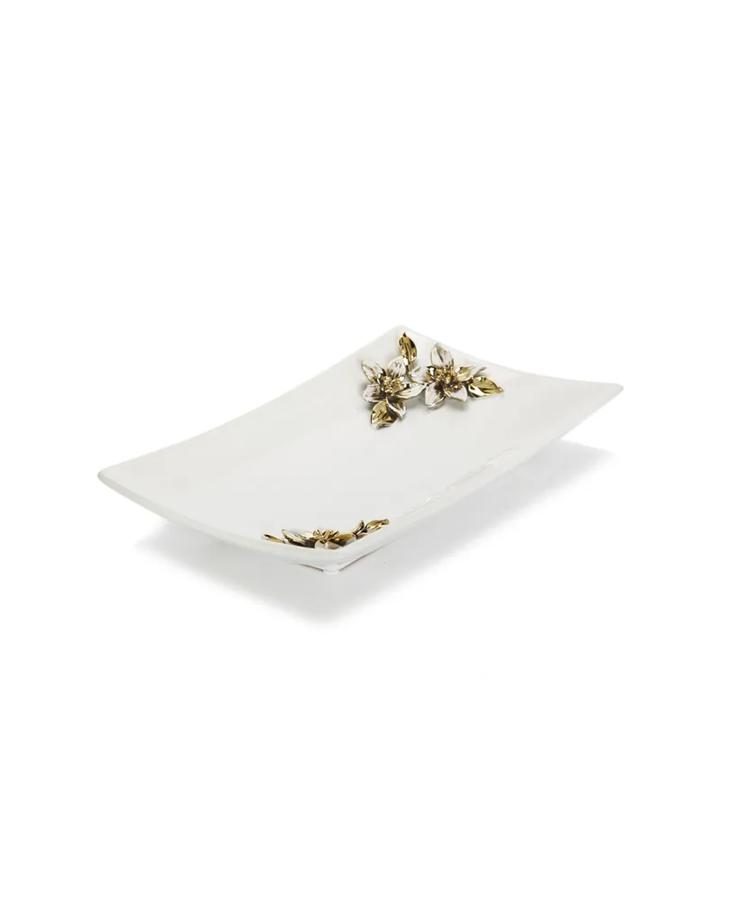 Porcelain Tray with Gold-Tone and White Flower on Handles