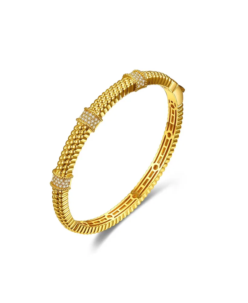 Rachel Glauber 14k Gold Plated with Cubic Zirconia 3D Textured Bangle Bracelet