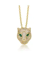 Rachel Glauber 14k Yellow Gold Plated with Green & Cubic Zirconia 3D Panther Head Pendant Layering Necklace