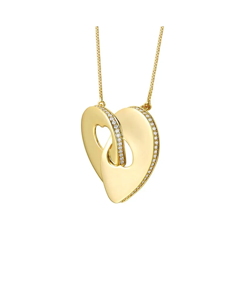 Rachel Glauber 14k Gold Plated with Cubic Zirconia Modern Double Heart Half Cut-Out Entwined Necklace