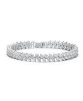 Genevive White Gold Plated With Cubic Zirconia 2-stone Cluster Link Tennis Bracelet