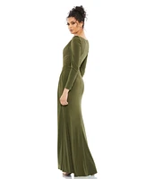 Mac Duggal Women's Draped Bateau Long Sleeve Trumpet Gown