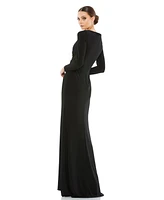 Mac Duggal Women's Faux Wrap Long Sleeve Gown w/ Applique Detail