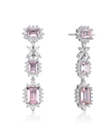 Genevive Sterling Silver with White Gold Plated Pink with Clear Cubic Zirconia Halo Three-Tier Earrings