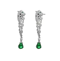 Genevive Sterling Silver White Gold Plated with Emerald and Clear Cubic Zirconia Fauna Drop Earrings