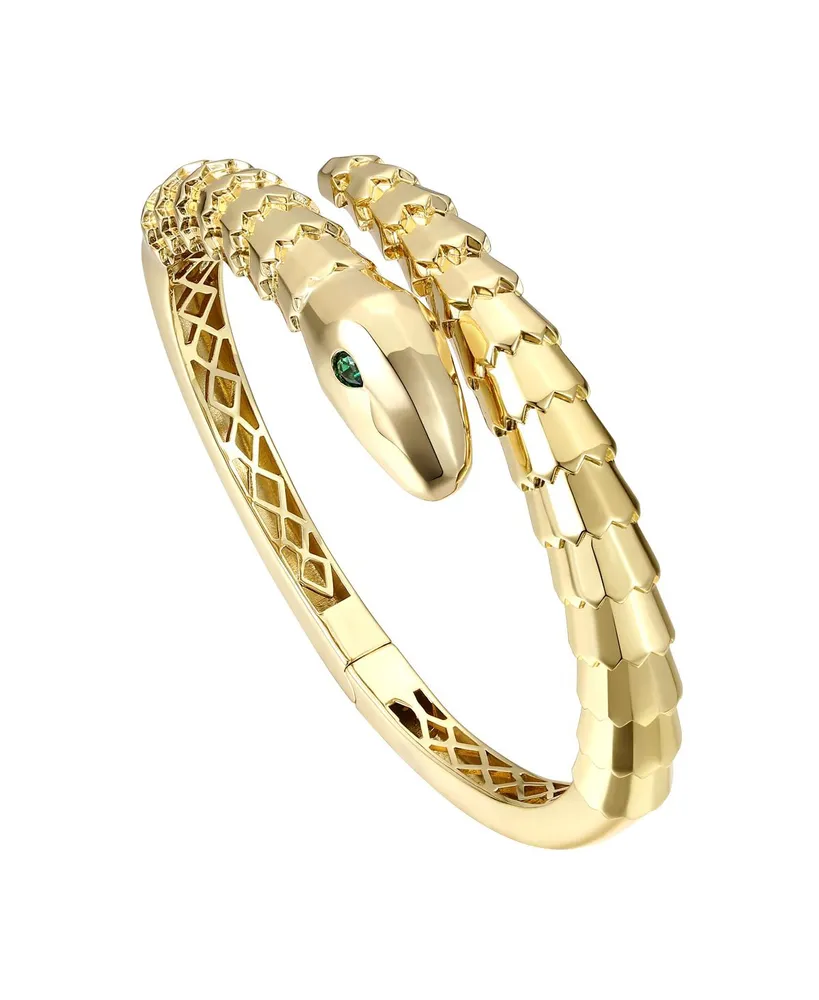 Rachel Glauber 14k Gold Plated with Green Eyes Cubic Zirconia Textured Coiled Serpent Bypass Bangle Bracelet