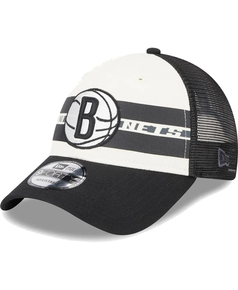 Men's New Era Brooklyn Nets Black Stripes 9FORTY Trucker Snapback Hat