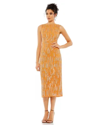 Women's Abstract Beaded Sleeveless Midi Dress