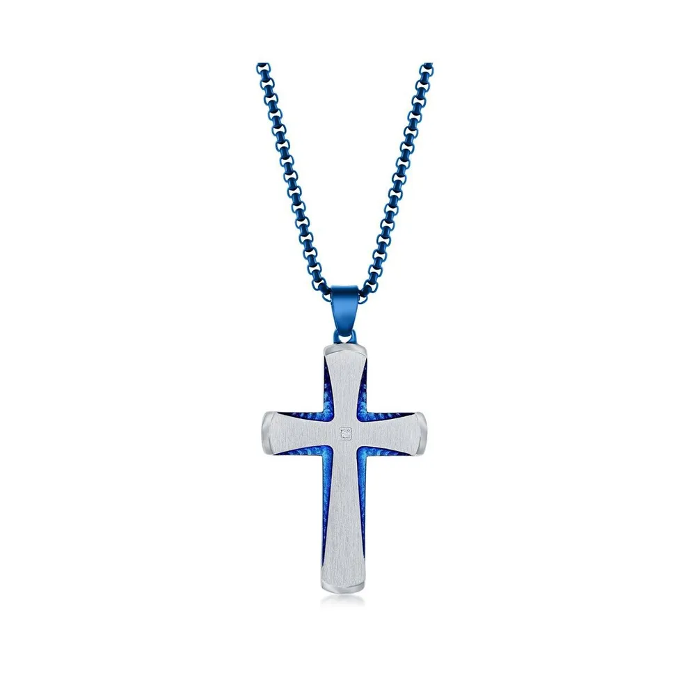 Men's Stainless Steel Silver & Blue Plated Single Cz Cross Necklace