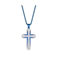 Men's Stainless Steel Silver & Blue Plated Single Cz Cross Necklace