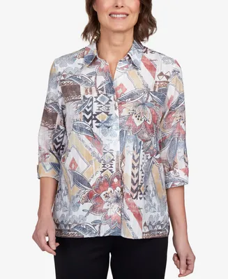 Alfred Dunner Petite Classics Eclectic Mixed Print Floral Button Down Top
