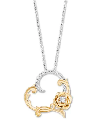 Enchanted Disney Fine Jewelry Diamond Rose & Heart Belle Pendant Necklace (1/10 ct. t.w.) in Sterling Silver & 14k Gold, 16" + 2" extender - Two