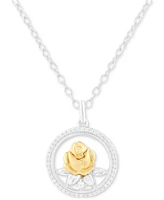 Enchanted Disney Fine Jewelry Diamond Belle Rose Circle Pendant Necklace (1/6 ct. t.w.) in Sterling Silver & 14k Gold-Plate, 16" + 2" extender - Two