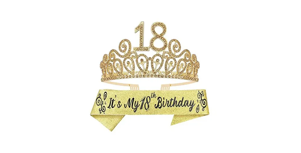 18th Birthday Sash and Tiara for Women - Fabulous Set: Glitter Sash + Ripples Rhinestone Premium Metal Tiara, 18th Birthday Gifts for Women Party