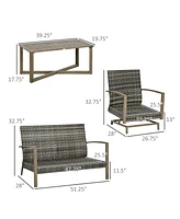 Outsunny Patio Furniture Set, 4 Piece Outdoor Rattan Conversation Set with 2 Armchairs, Cushions, Loveseat Sofa & Coffee Table for Porch, Poolside
