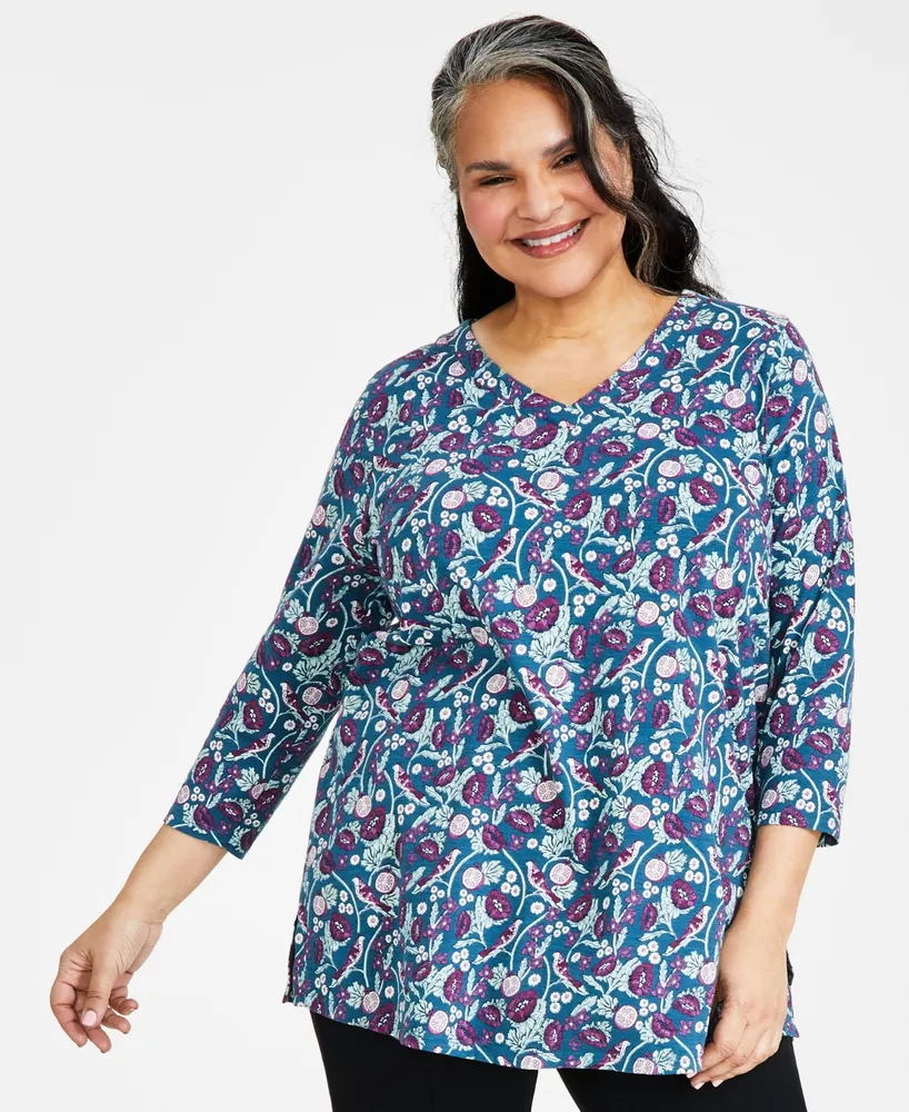 Style & Co Plus Size Printed V-Neck Knit Tunic Top, Created for Macy's