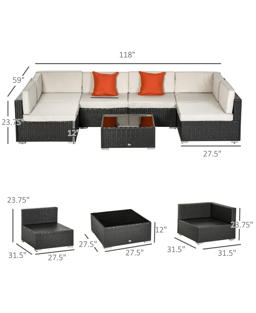 Outsunny 7 Piece Outdoor Patio Conversation Wicker Sofa Set with 6 Cushioned Sectionals & 1 Glass-Topped Coffee Table