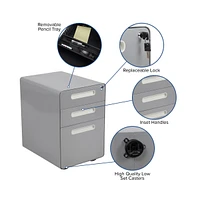 Emma+Oliver Ergonomic 3-Drawer Mobile Locking Filing Cabinet Storage Organizer