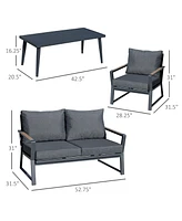 Outsunny 4 Piece Patio Furniture Set, Aluminum Conversation Set, Outdoor Garden Sofa Set with Armchairs, Loveseat, Center Coffee Table and Cushions, D